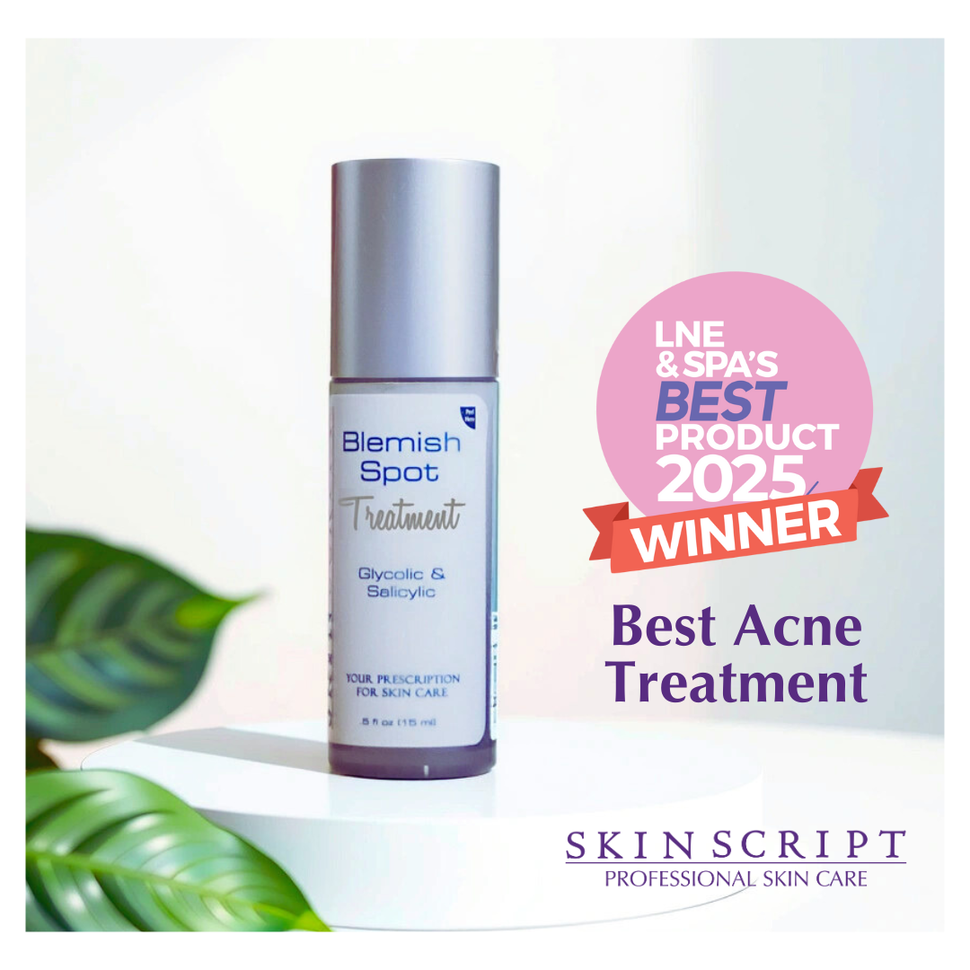 Skincare bottle labeled 'Blemish Spot Treatment' with 'LNE & SPA's Best Product 2025 Winner' badge on a light background available at heaven on earth aspen spa