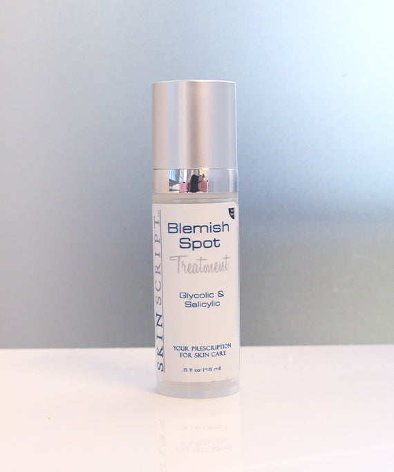 Skincare bottle labeled 'Blemish Spot Treatment' on a gradient background available at heaven on earth aspen 