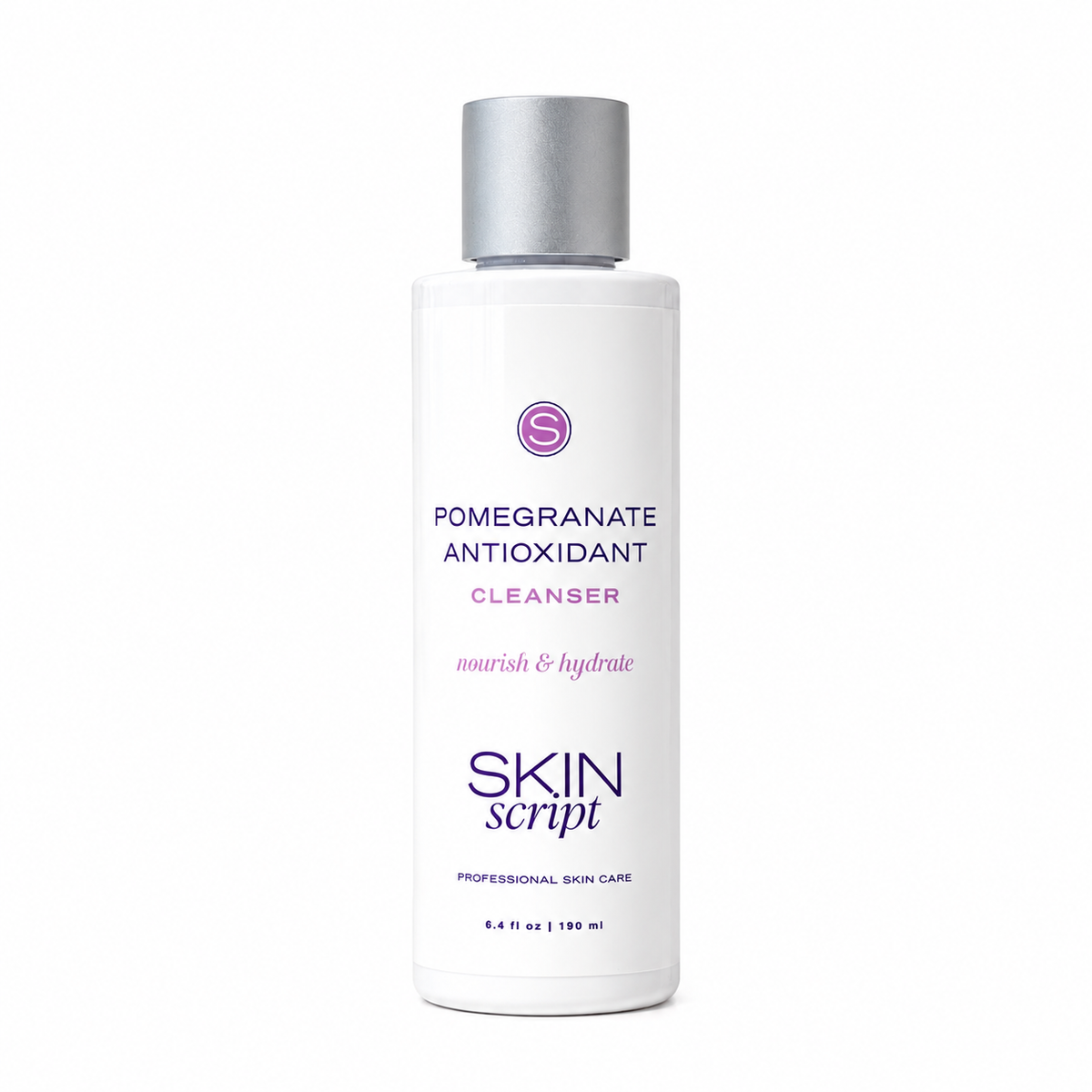 A white bottle of Skin Script Pomegranate Antioxidant Cleanser with a metallic silver cap, set against a plain white background.