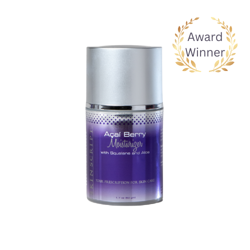 skin script Acai Berry Moisturizer bottle with silver cap on a white background, featuring an award icon at heaven on earth aspen