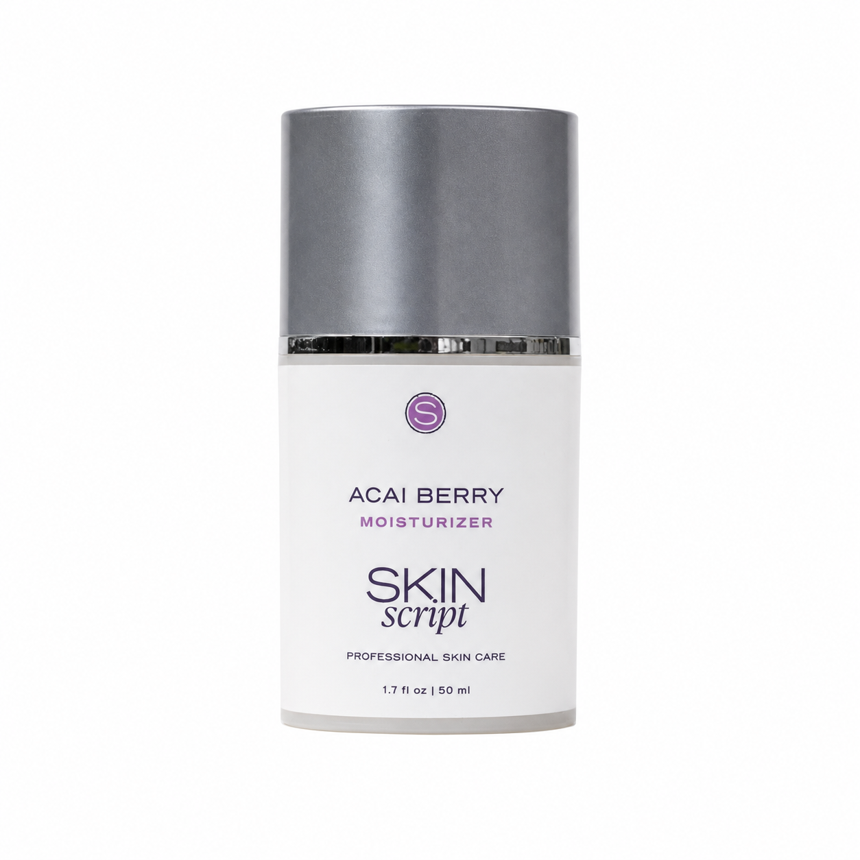 A 50 ml bottle of Skin Script ACAI BERRY MOISTURIZER on a solid white background. The bottle has a white body with a metallic silver cap and a small purple circular logo.