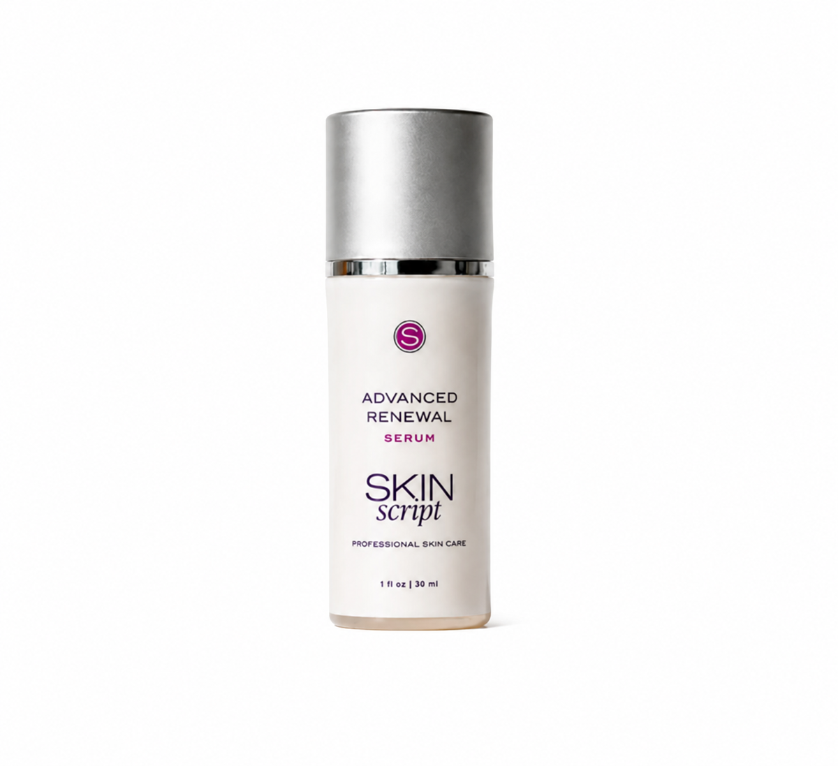 skincare bottle , white with silver cap reads ' advanced renewal serum skin script' 
