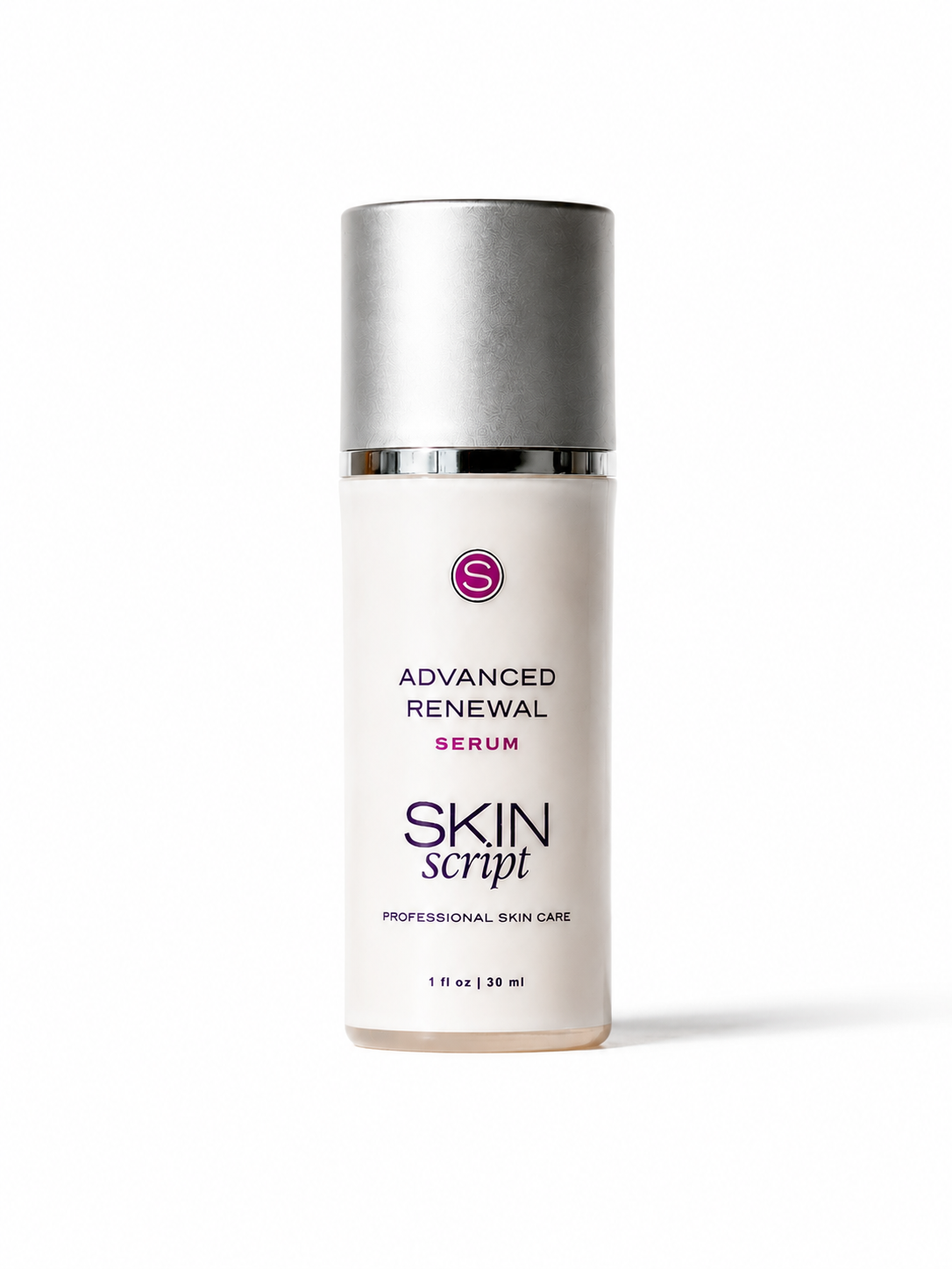 A bottle of Skin Script Advanced Renewal Serum on a clean white background. The bottle is white with a metallic silver cap and features a purple logo and text.