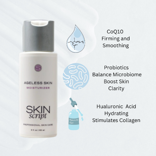 Skin Script moisturizer bottle with feature text on a white background