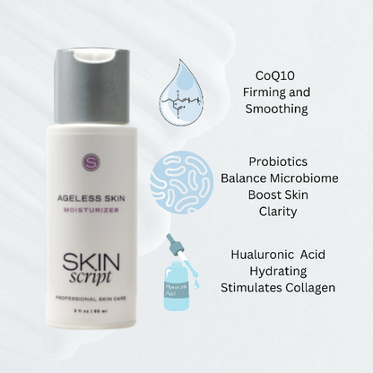 Skin Script moisturizer bottle with feature text on a white background