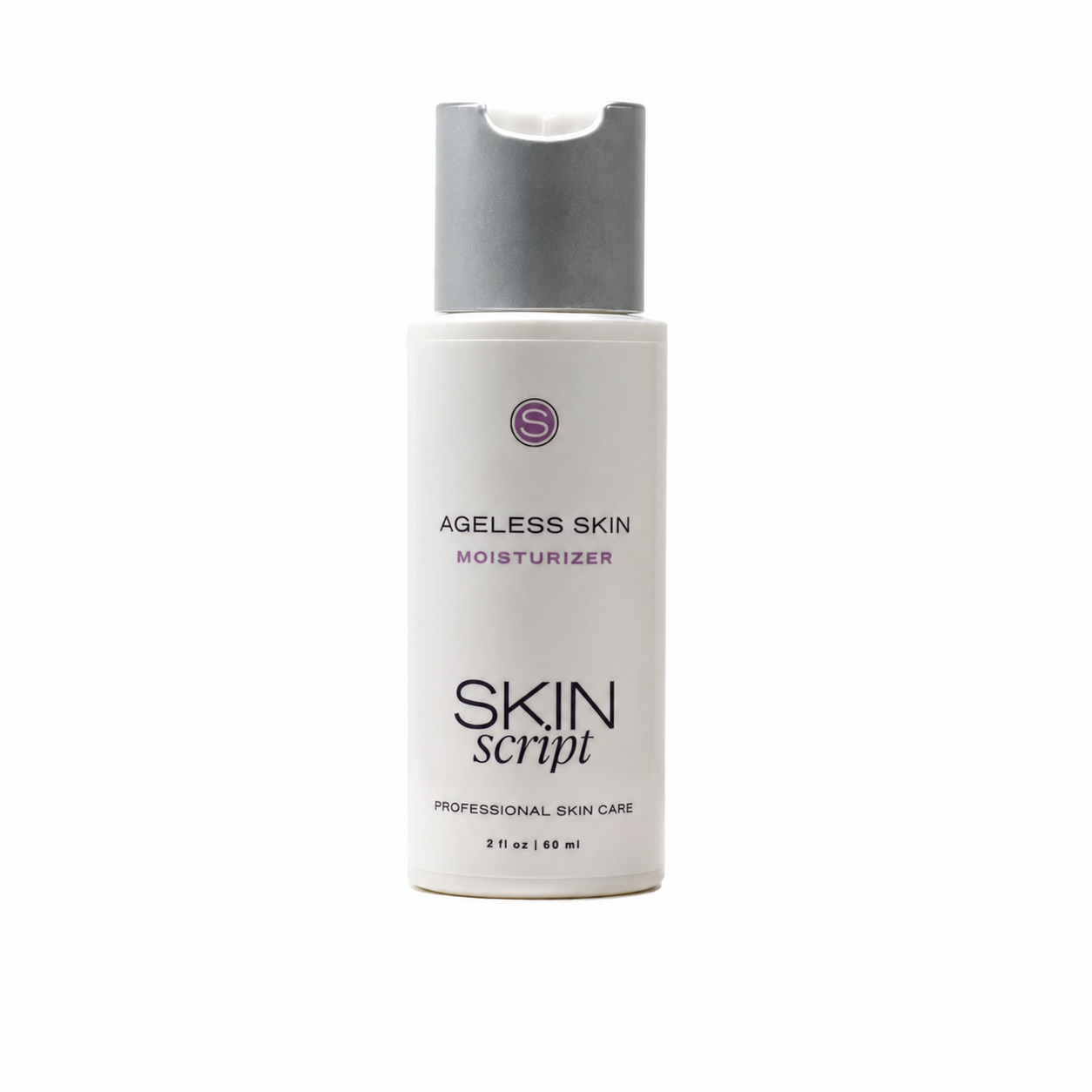 A white bottle of Skin Script Ageless Skin Moisturizer with a gray pump dispenser, shown against a plain white background.
