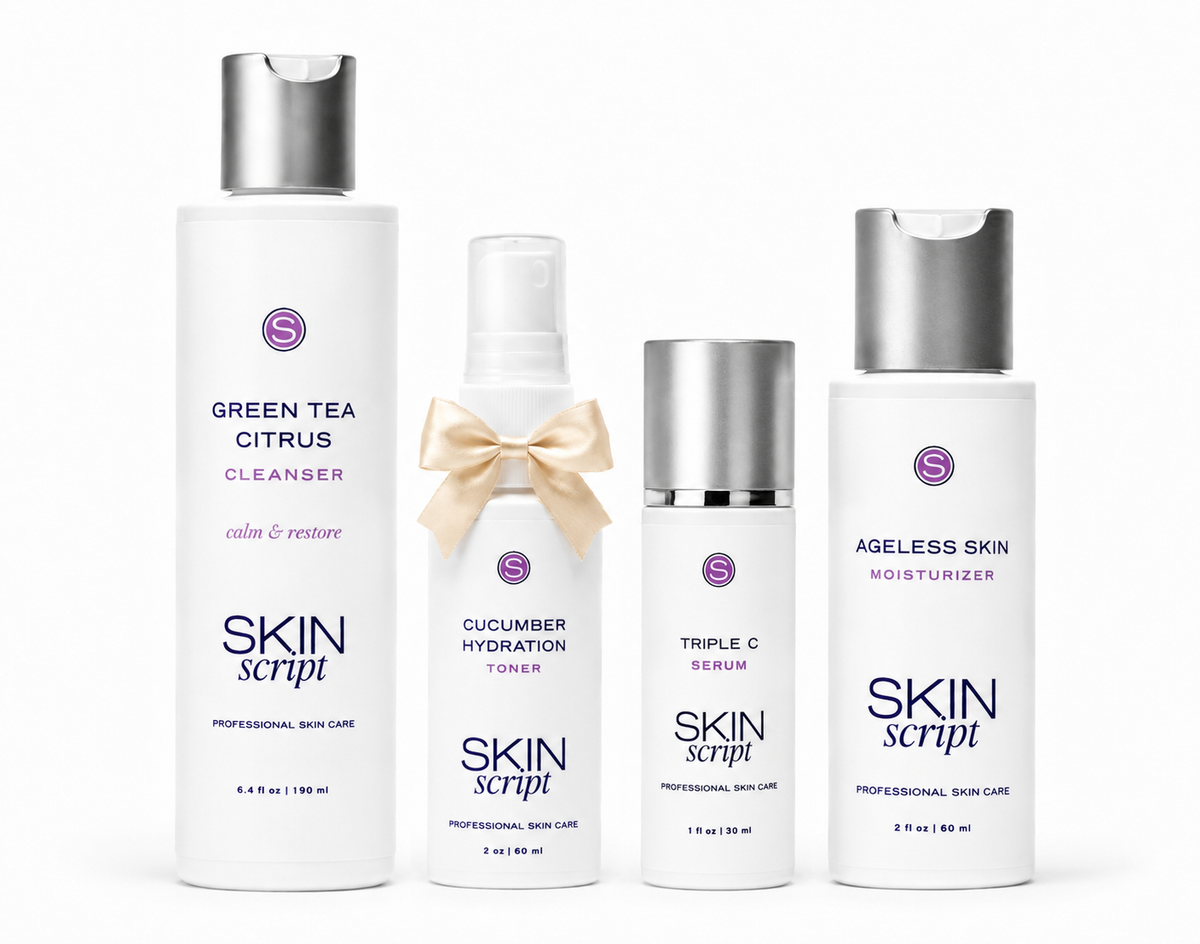 Four SKIN script professional skin care bottles arranged on a white background: Green Tea Citrus Cleanser, Cucumber Hydration Toner with a cream bow, Triple C Serum, and Ageless Skin Moisturizer.