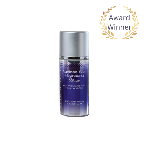 skin script Ageless Skin Hydrating Serum bottle with silver cap on a white background, featuring an award badge at heaven on earth aspen