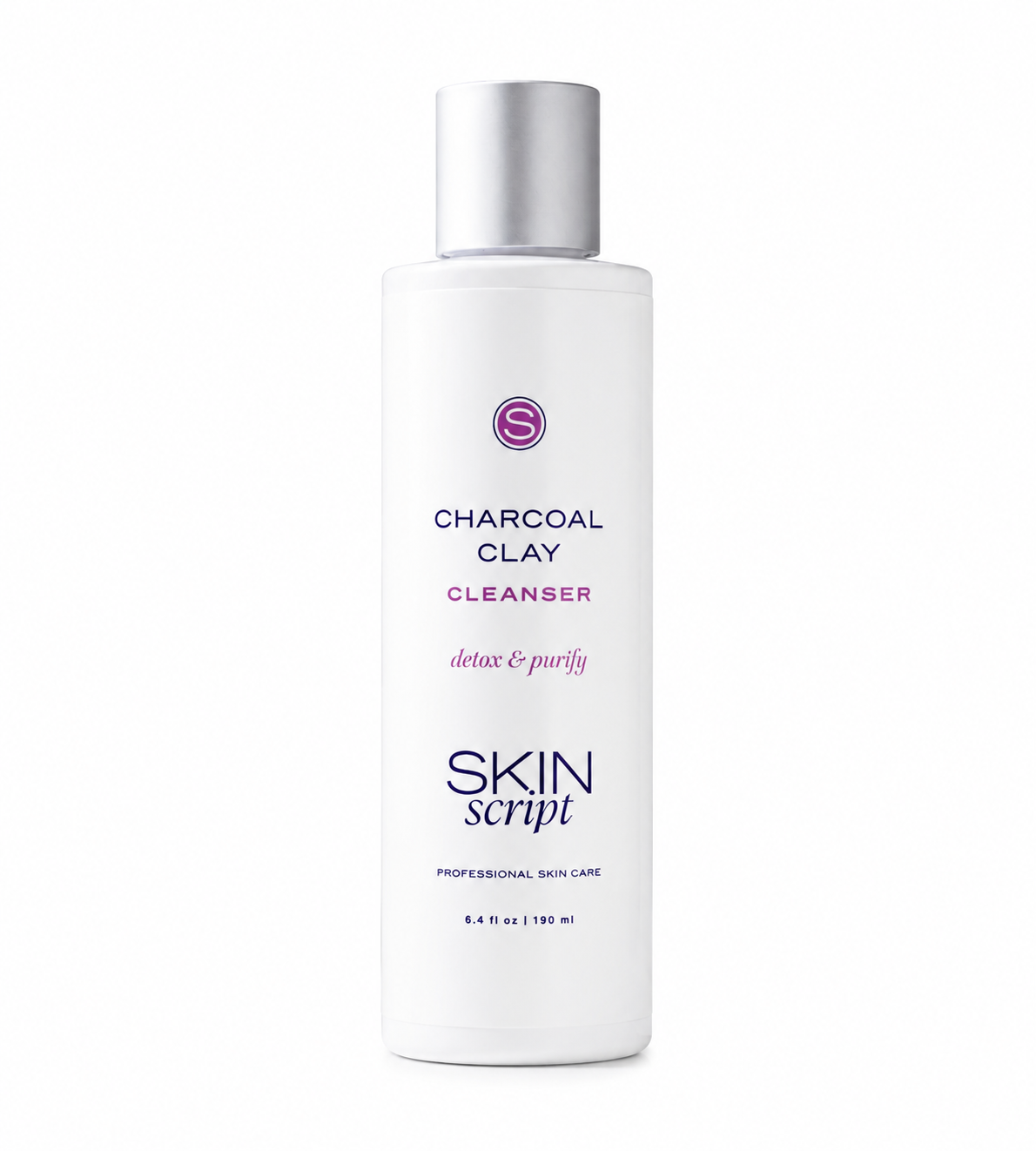 white bottle with grey cap that says charcoal clay cleanser on a white background 