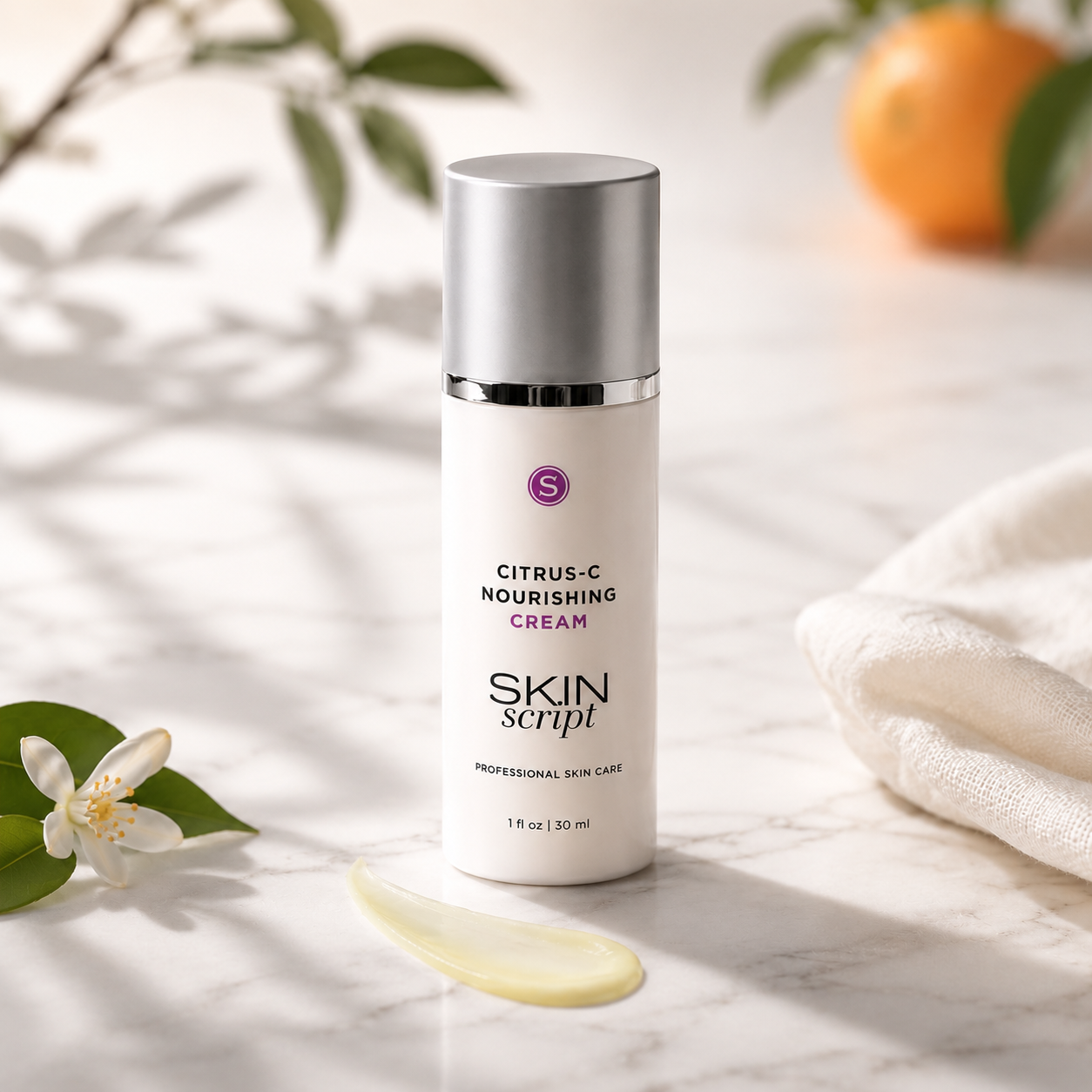 bottle of skin script citrus c nourishing cream on marble with beautiful lighting 