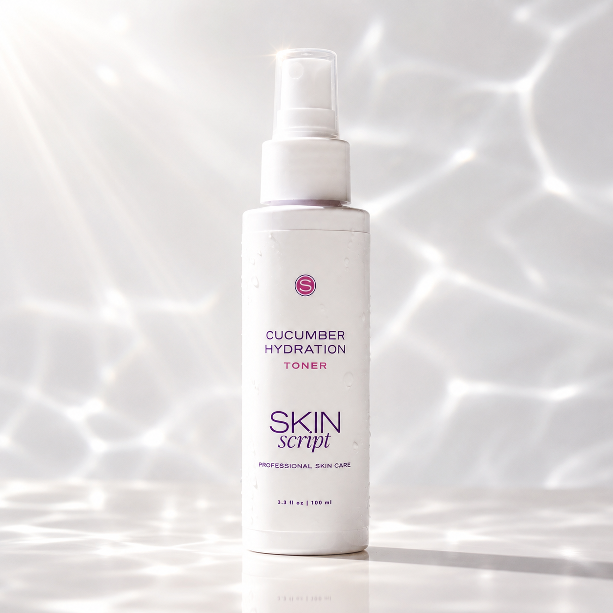 Skincare toner bottle labeled 'Cucumber Hydration' by 'Skin Script' on a reflective white background.