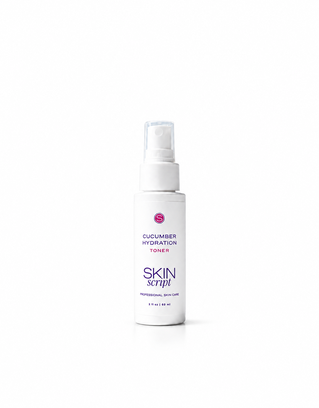 A white pump bottle of Skin Script Cucumber Hydration Toner with purple and pink text, centered on a clean white background.