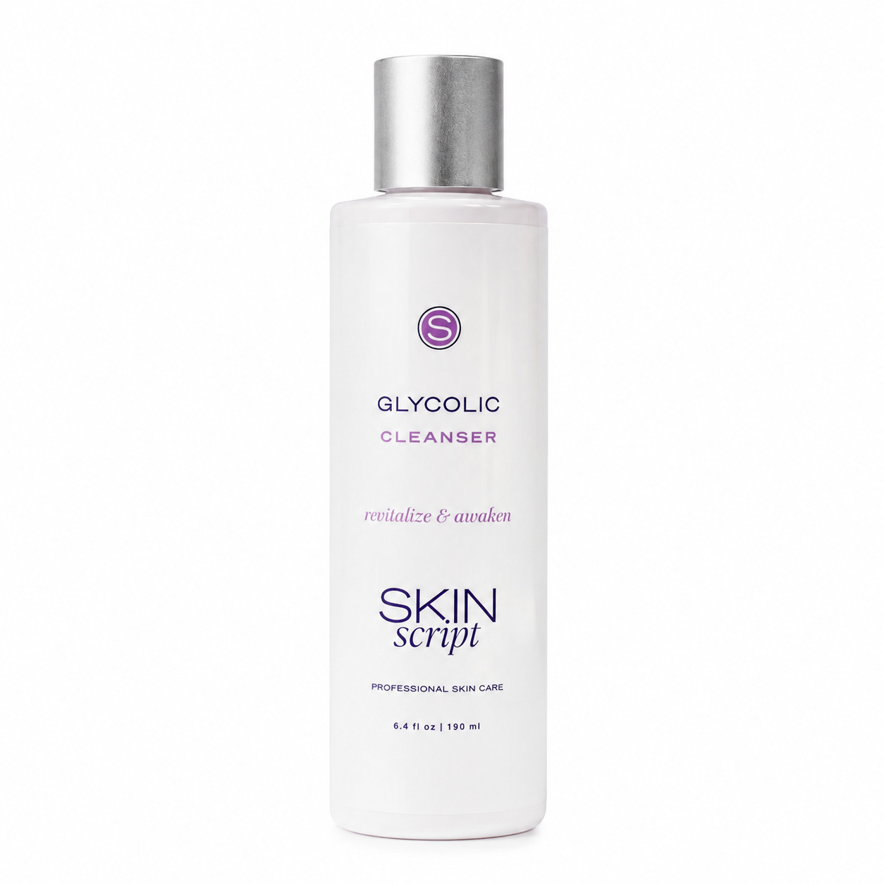 white bottle with grey cap says glycolic cleanser skin script professional skincare on white background 