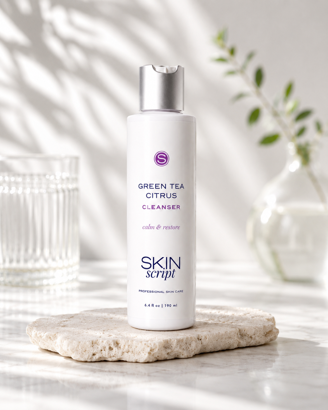 Skincare cleanser bottle labeled 'Green Tea Citrus' by 'Skin Script' on a marble surface with a blurred natural background.