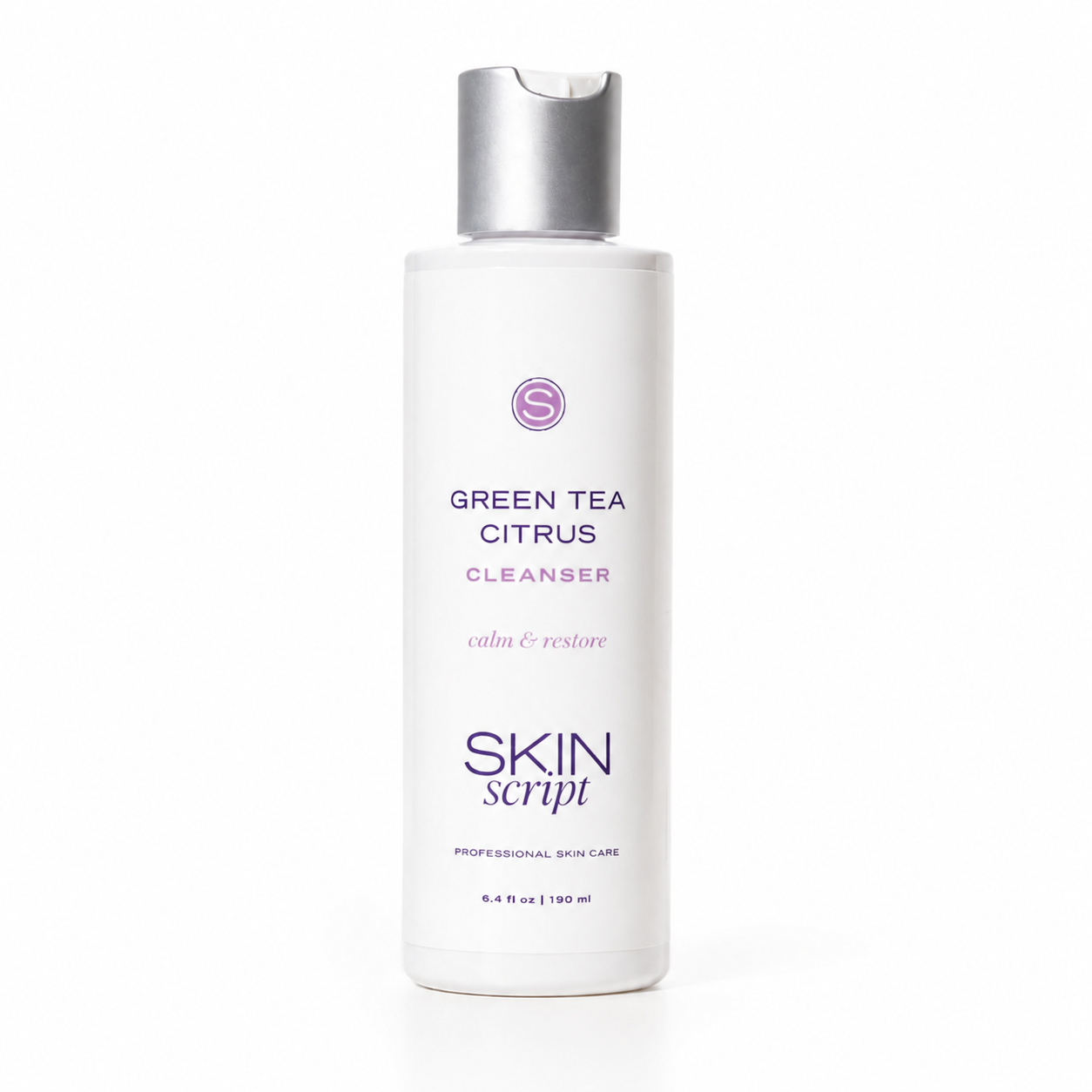 white bottle with silver cap reads green tea citrus cleanser, calm and restore, skin script, professional skincare
