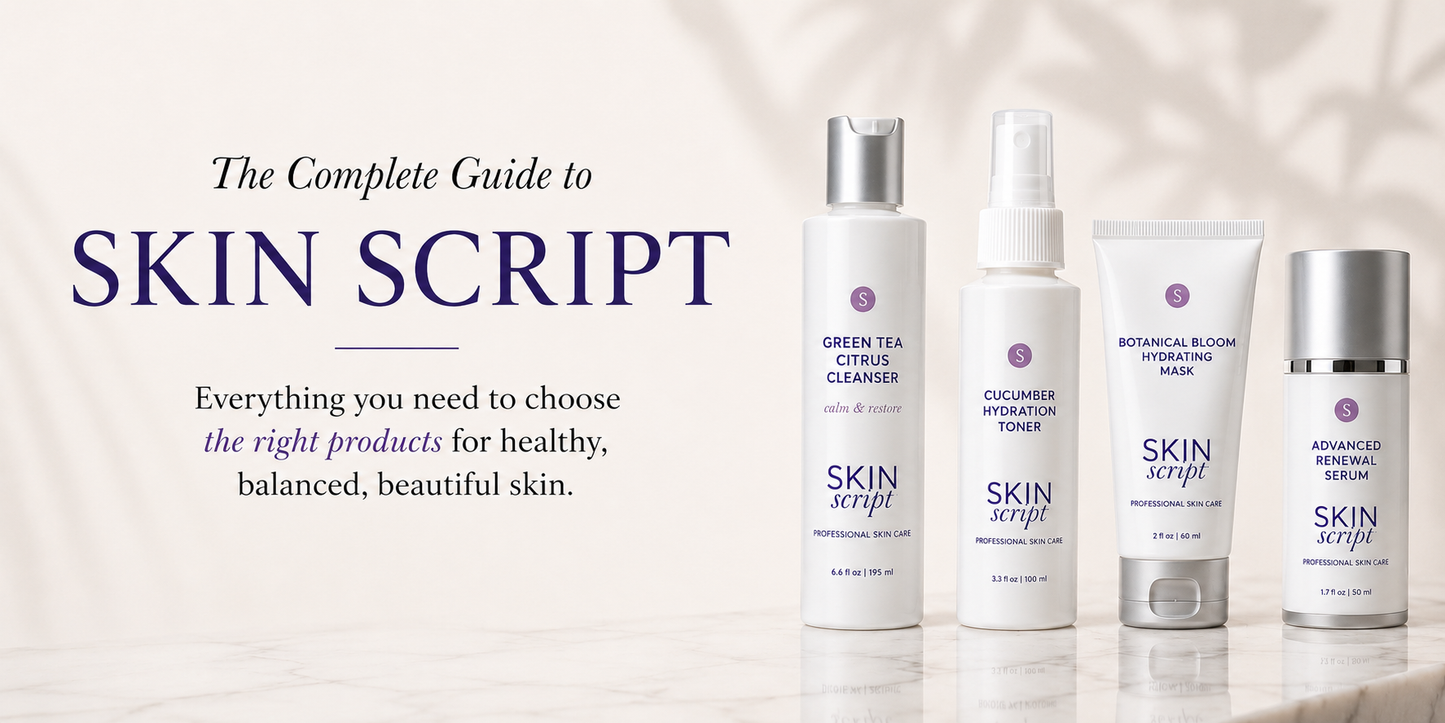 SKIN SCRIPT skincare products on a light background with text about choosing products for healthy skin.