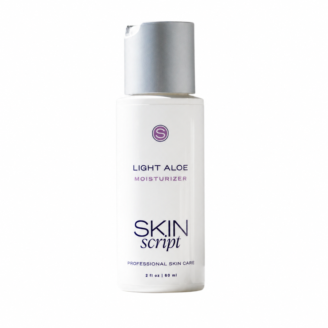 A 2 fl oz bottle of Skin Script Light Aloe Moisturizer on a solid white background. The bottle is white with a metallic silver cap and features purple and dark blue text.
