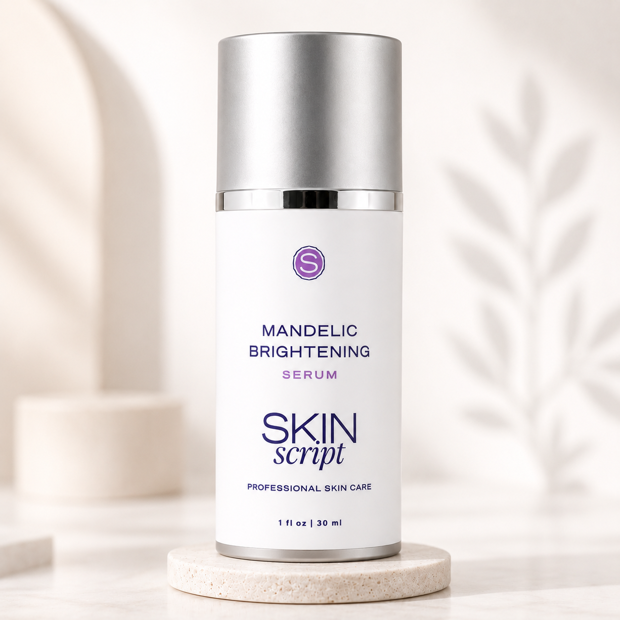 Skincare serum bottle labeled 'Skin Script' Mandelic Brightening Serum on a neutral background