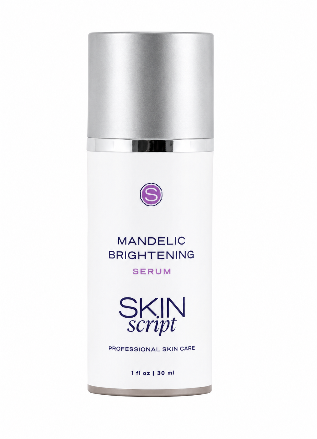 Skincare serum bottle labeled 'Mandelic Brightening Serum' by 'Skin Script' on a white background