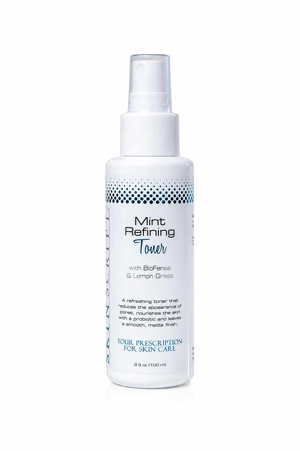 a toner bottle that reads ' mint refining toner ' skin script 