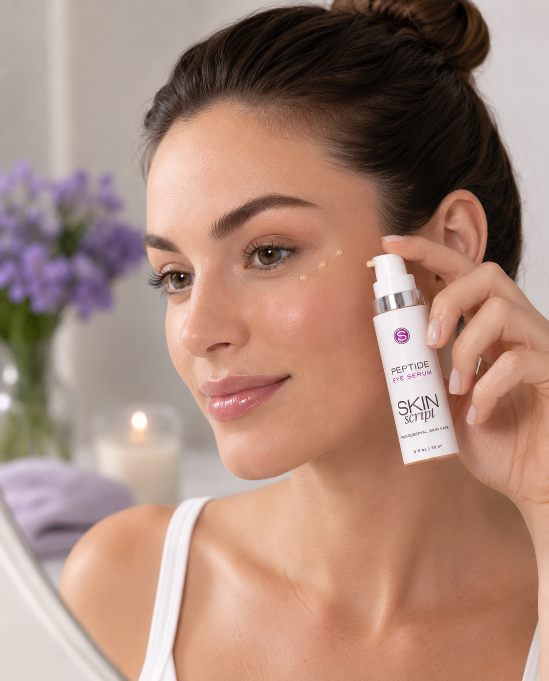 woman holding a bottle that says peptide eye serum skin script with 3 dots of serum on her face 