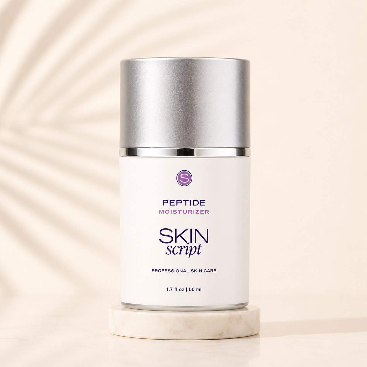 Skincare product with 'Skin Script peptide moisturizer' on a beige background