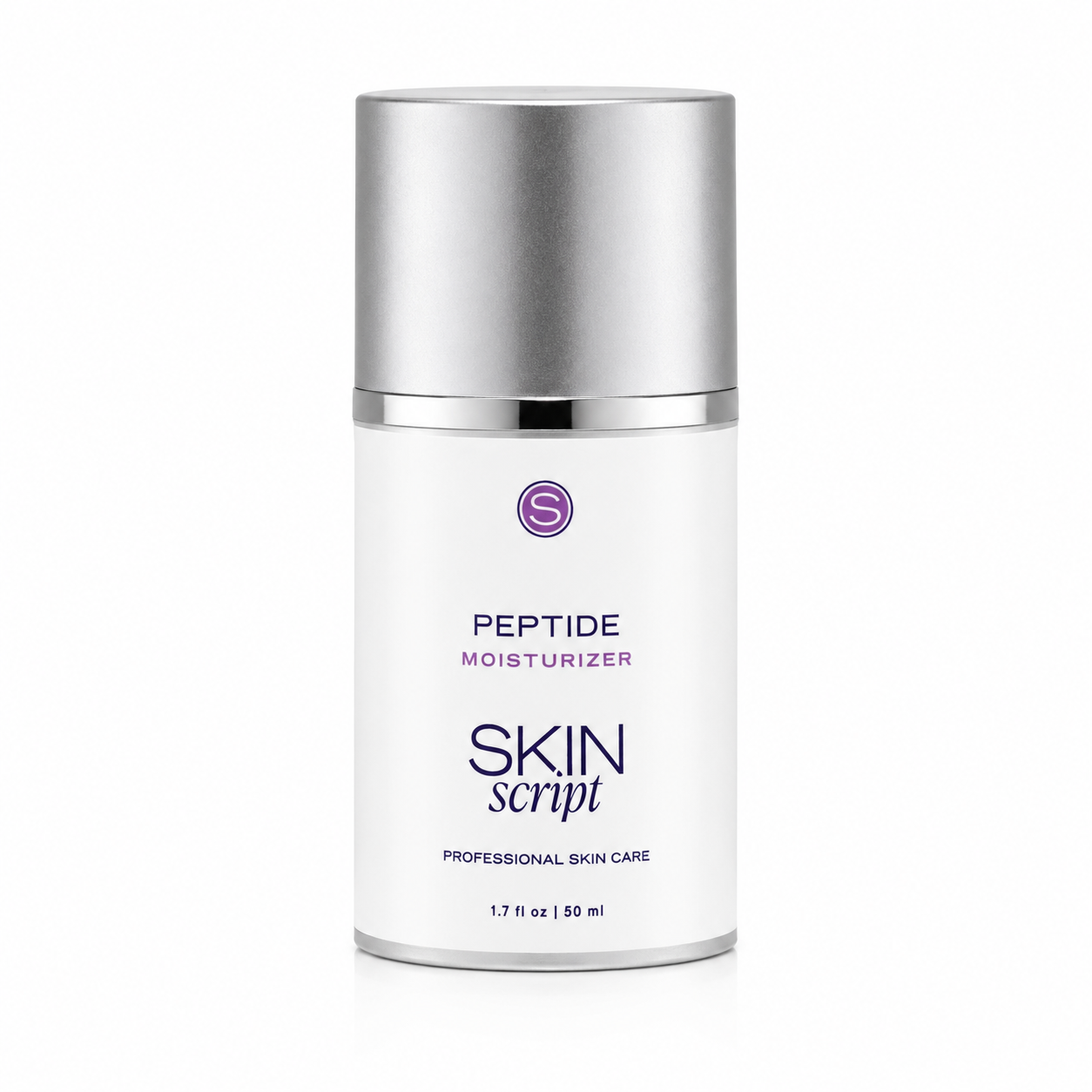 Skincare bottle labeled 'Peptide Moisturizer' by 'Skin Script' on a white background