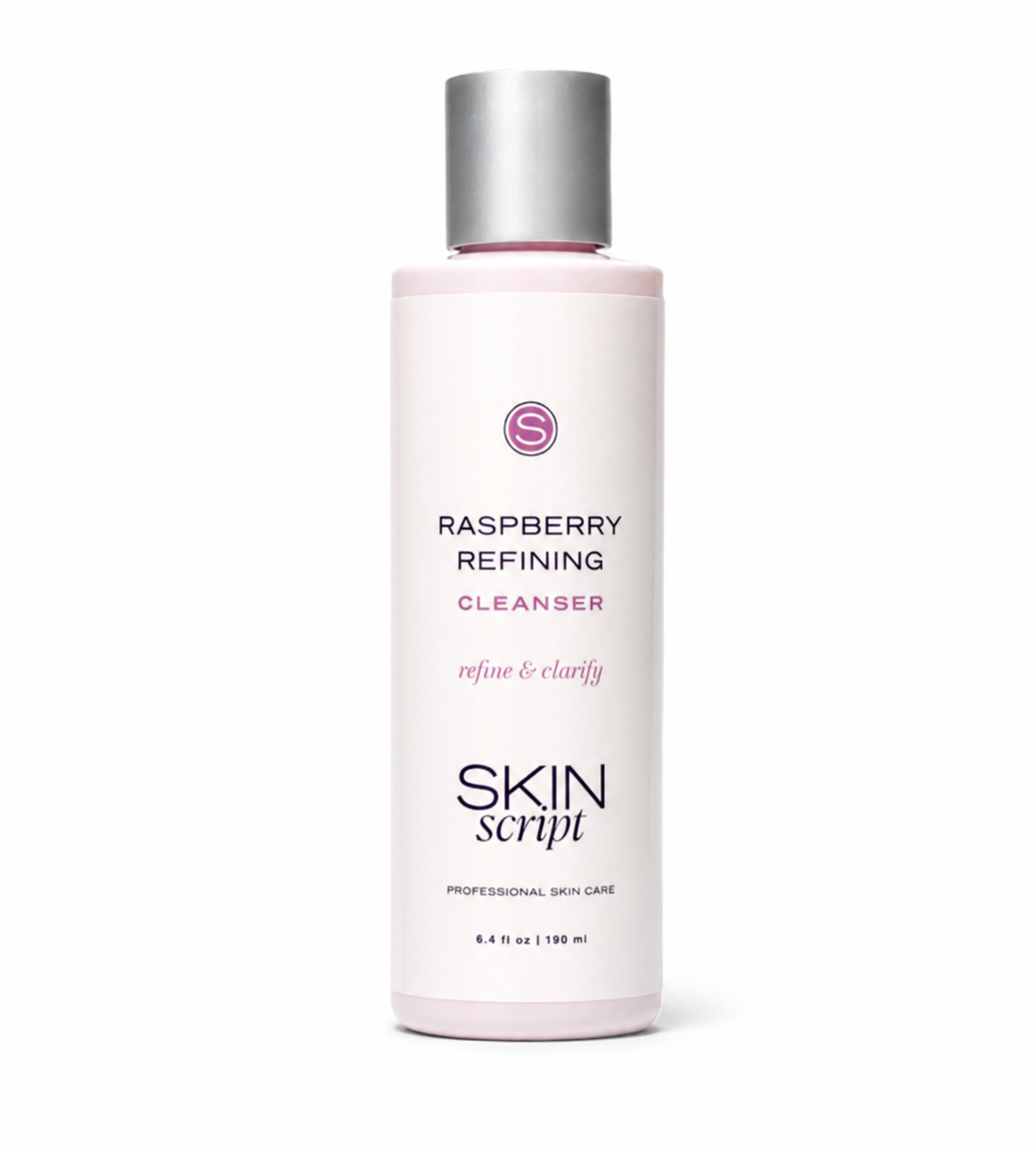 A bottle of Skin Script Raspberry Refining Cleanser with a pale pink body, silver cap, and purple text accents, shown on a clean white background.