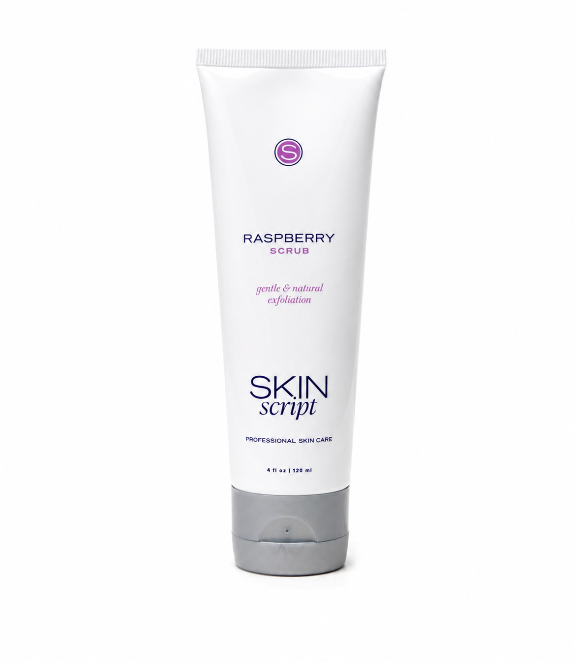 A white squeeze tube of Skin Script Raspberry Scrub, featuring a purple logo and text, with a gray flip-top cap, on a solid white background.