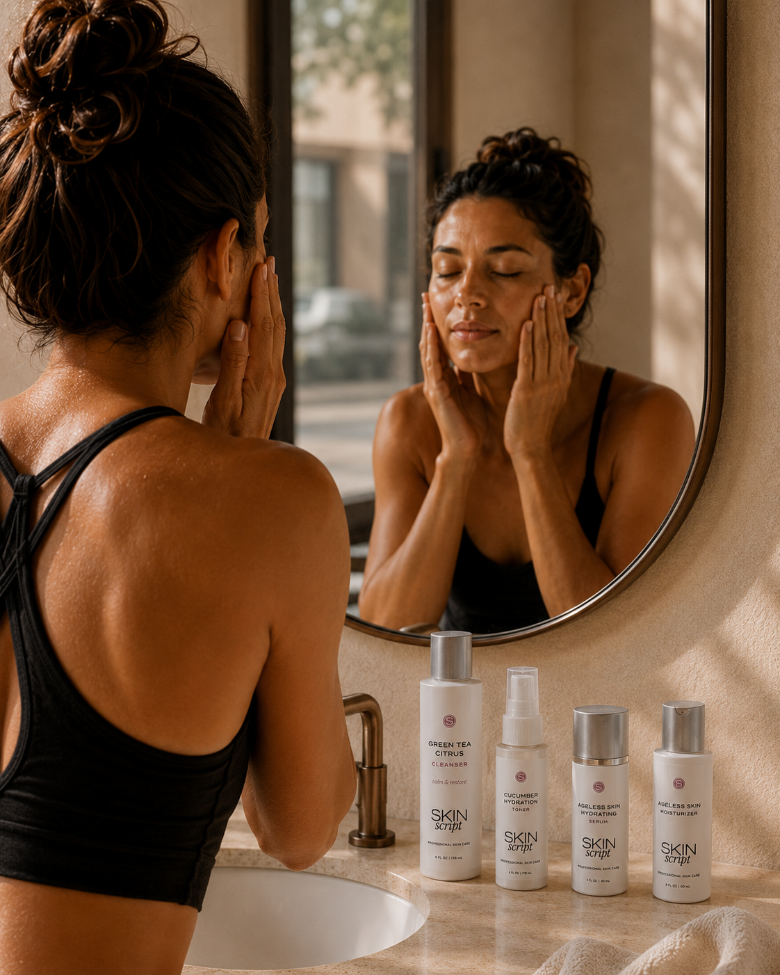 A woman in a black sports bra stands in front of a bathroom mirror, touching her face. Four white skincare bottles labeled SKIN SCRIPT  are lined up on the bathroom counter below the mirror.