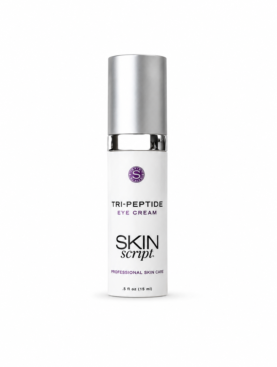 A white bottle of Skin Script Tri-Peptide Eye Cream with a metallic silver cap, centered on a plain white background.