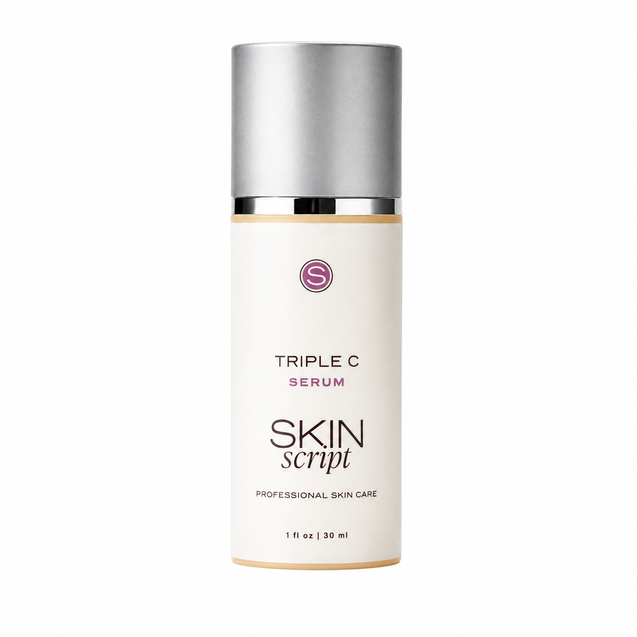 A 30 ml bottle of Skin Script Triple C Serum, featuring a cream-colored body with black and purple text, and a metallic silver cap, set against a plain white background.