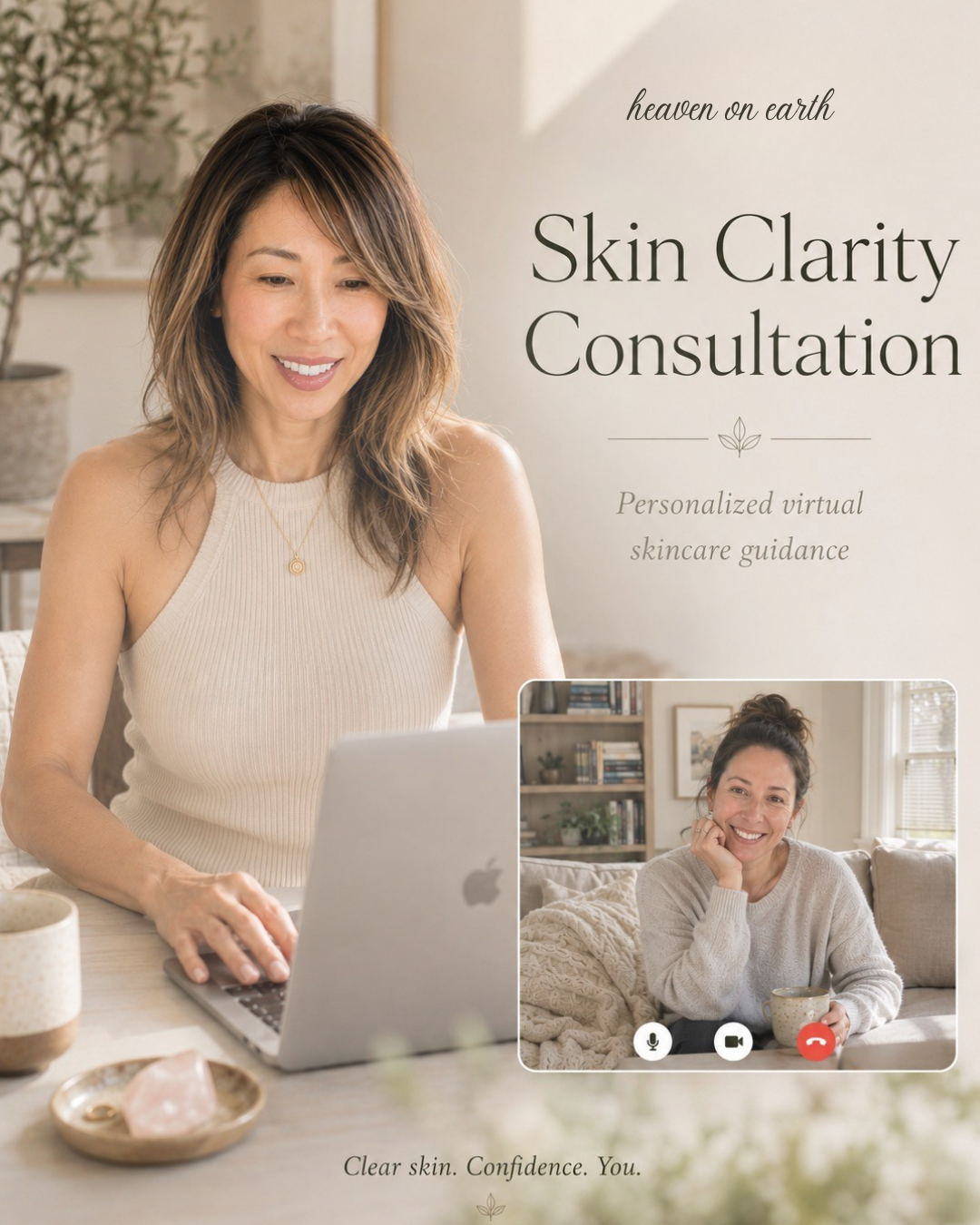 Esthetician guiding a client through an online skincare consultation with 'heaven on earth' brand.